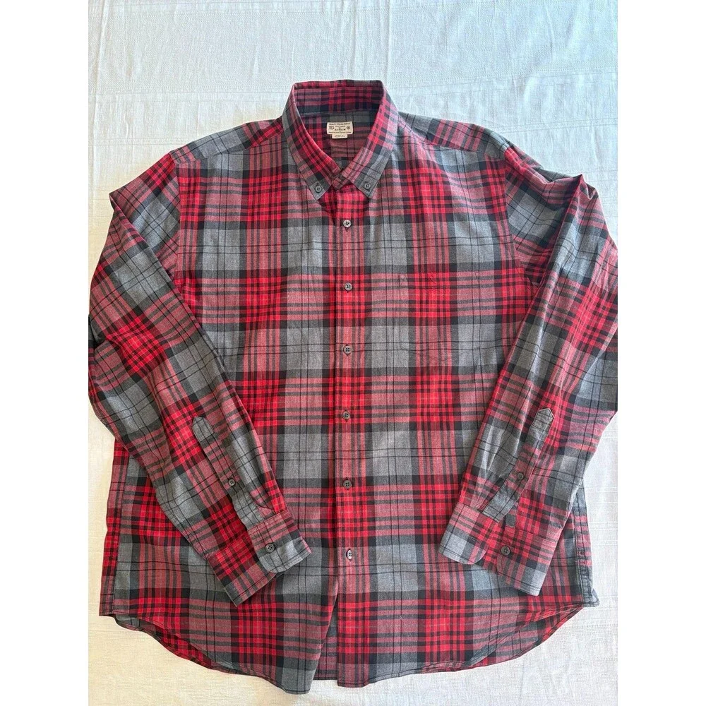 J Crew Mens XL Button Down Shirt Red Gray Plaid Cotton Long Sleeve